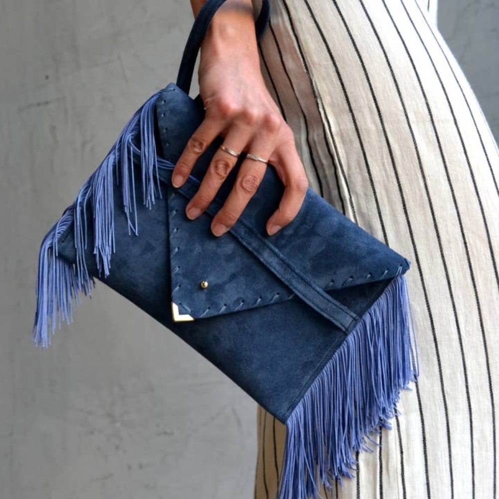 Ana Koutsi Handmade Suede Fringe Clutch • Navy Blue